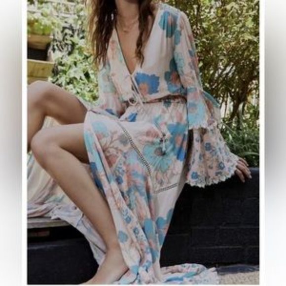 Free People Penny Printed Maxi Bodysuit Bell Sleeve Boho Dress - Picture 2 of 4